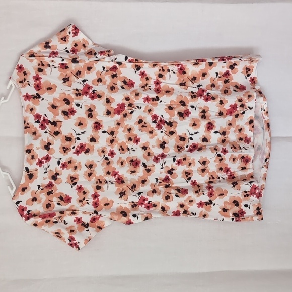 🍉 Talbot's White Peach Floral Tencel Cap Sleeve Ruched Front Tee Size Medium - Picture 5 of 5